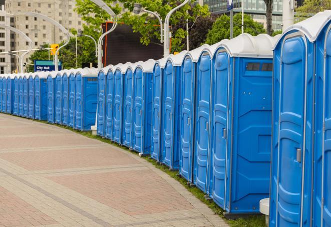 a line of portable restrooms set up for a wedding or special event, ensuring guests have access to comfortable and clean facilities throughout the duration of the celebration in Arlington